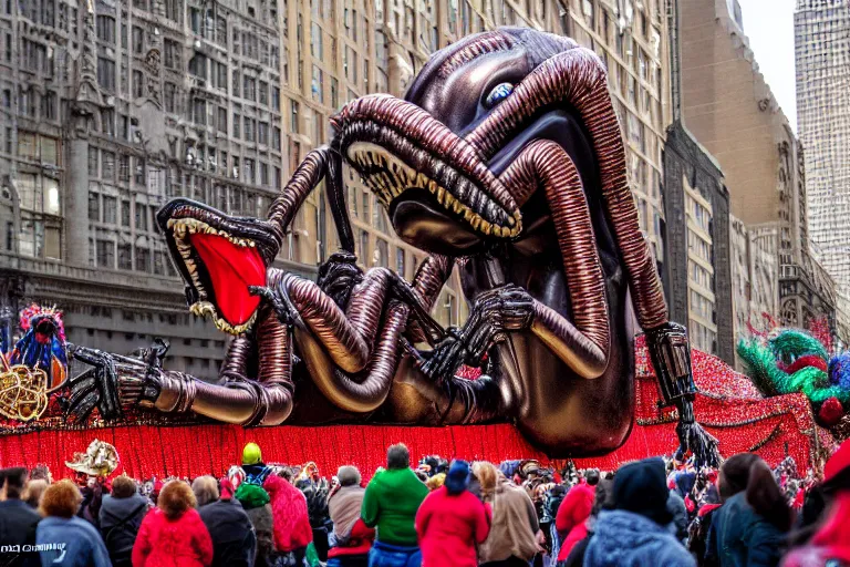 Image similar to photo of giant beautiful elaborate parade float character designed by giger and wes anderson!!!!!!!!!!!!!!, in the macys parade, detailed 4 k photo,