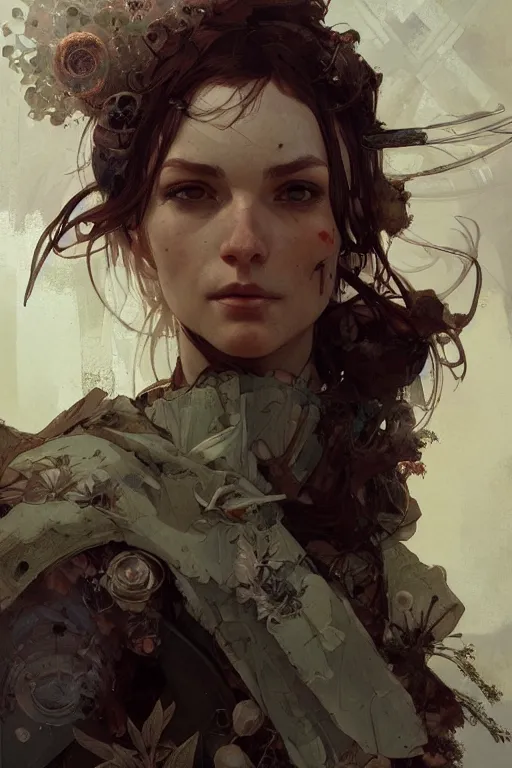 Prompt: A full portrait of a beautiful post apocalyptic offworld botanist, intricate, elegant, highly detailed, digital painting, artstation, concept art, smooth, sharp focus, illustration, art by Krenz Cushart and Artem Demura and alphonse mucha