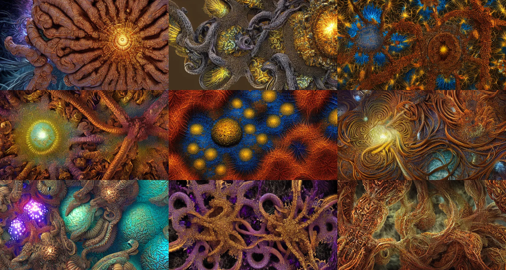 Prompt: Close up of intricate Vladimir Kush mandelbulb fractal, made of fireworks and octopus, ultra detailed, fractal art, cgsociety, artstation, octane render