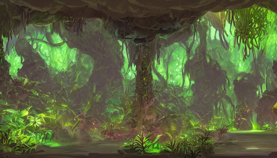 Image similar to concept art sketch of underground jungle cave with luminescent plants