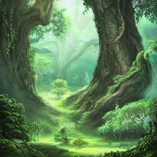 Image similar to A lush green ancient fantasy forest, with large trees and beautiful life, high details, realistic art.