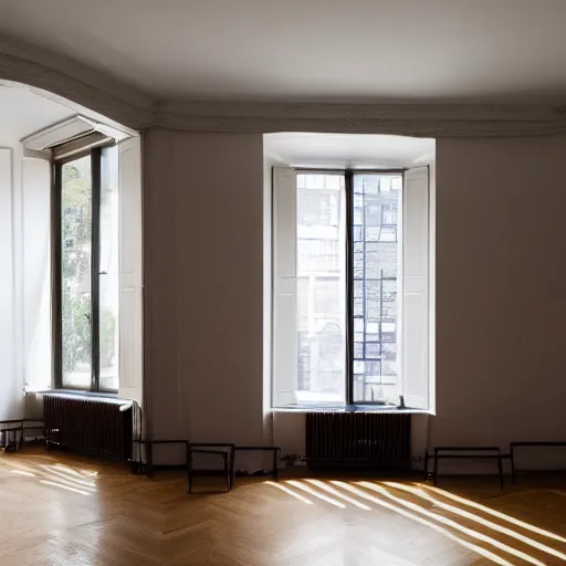 Prompt: hd photo of a vast room in a flat, designed by henri matisse, daylight, whitespace, excellent lighting, high detail 8 km photorealism