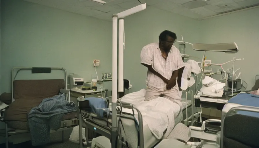 Prompt: 7 0 s movie still of a old man with trypophobia legs in the hospital, cinestill 8 0 0 t 3 5 mm eastmancolor, heavy grain, high quality, high detail