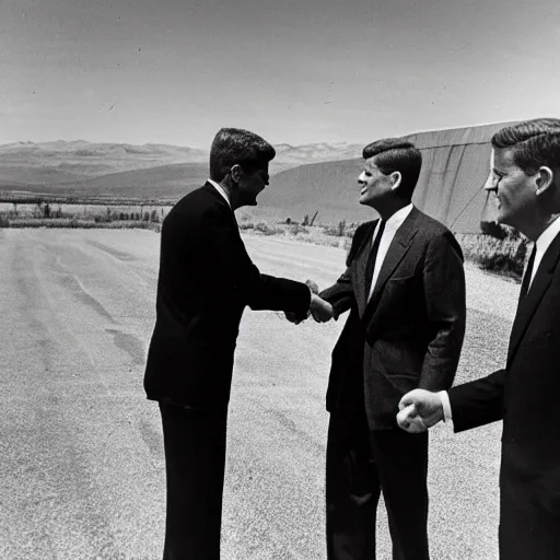 Prompt: archive footage still of John F Kennedy shaking hands with an alien in front of Area 51 at mid day