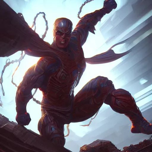 Image similar to comic book boss fight, highly detailed, professional digital painting, Unreal Engine 5, Photorealism, HD quality, 8k resolution, cinema 4d, 3D, cinematic, art by artgerm and greg rutkowski