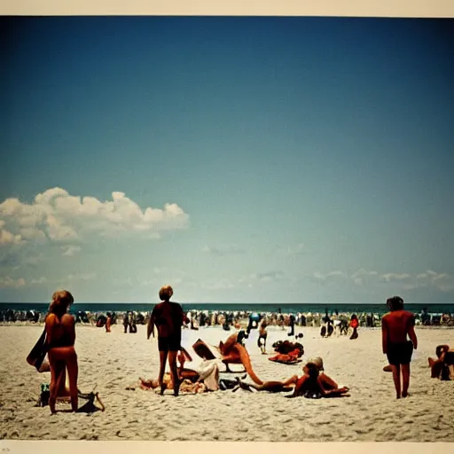 Image similar to a photo of people at the beach, by william eggleston, 1976