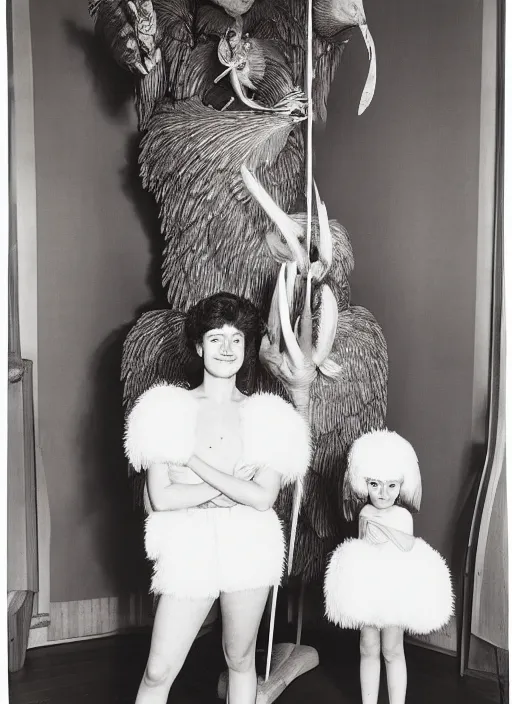 Prompt: realistic photo portrait of the family wearing fluffy shorts, beautiful symmetrical faces, standing in the wooden polished and fancy expensive interior room next to a wooden bird idol sculpture 1 9 9 0, life magazine reportage photo