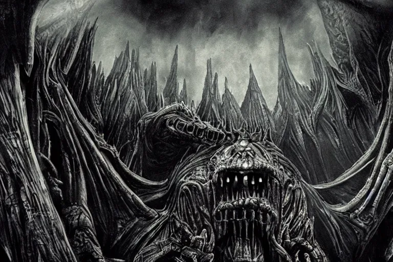 Image similar to a balrog lurking in moria, style of h. r. giger, many columns, mines of moria from the lord of the rings in the style of h. r. giger, directed by ridley scott, dark, cinematic, highly detailed, cinemascope