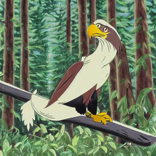 Prompt: eagle commander leading bird soldier in forest clearing, detailed, white, by don bluth