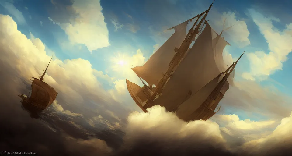 Prompt: a large wooden fantasy sky - ship with horizontal sails flying through the clouds with blue sky, andreas rocha style