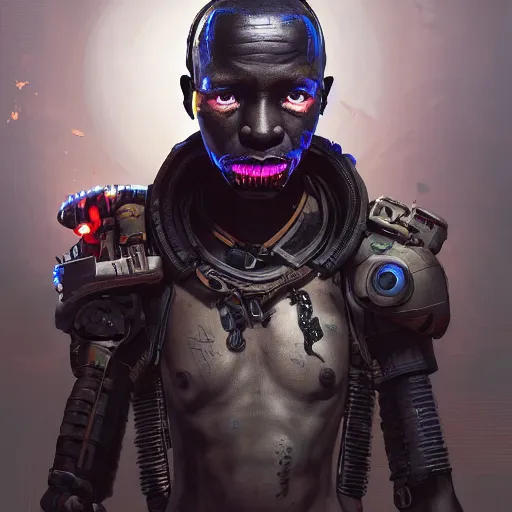 Prompt: a dark and ominous cyborg african child soldier with glowing eyes and facial scarification marks, Apex Legends character digital illustration portrait design, by android jones and greg rutkowski in a cyberpunk voodoo style, retrowave color scheme, detailed, cinematic lighting, wide angle action dynamic portrait