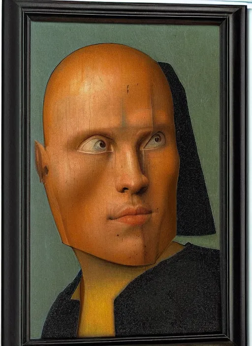 Image similar to a portrait of a cyborg by Jan van Eyck