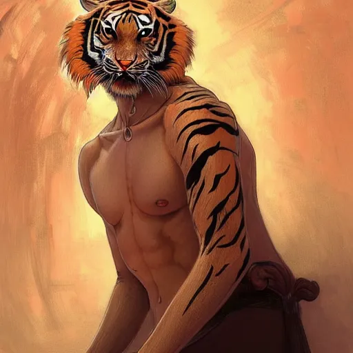 Image similar to portrait of a tiger with a humanoid face, male, handsome, masculine, full body, red hair, long hair, soft hair, fantasy, intricate, elegant, highly detailed, suit, coffee shop, digital painting, artstation, concept art, character art, smooth, sharp focus, illustration, art by artgerm and greg rutkowski and alphonse mucha