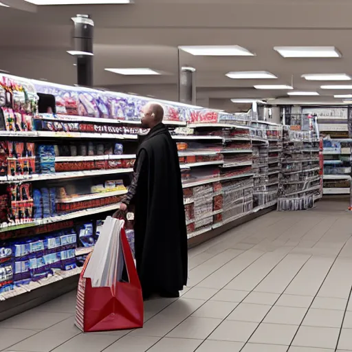 Image similar to A still of a Darth Vader shopping for groceries, 4k, 35mm, photograph, photoreal, ultra realistic, highly detailed, professional lighting