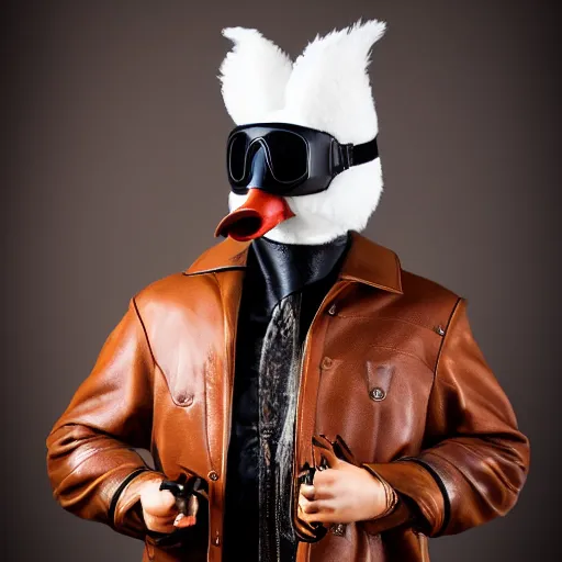 Image similar to anthropomorphic goose wearing steampunk leather goggles, leather facial mask, a long leather coat, dramatic lighting, full body shot, sigma 5 0 mm