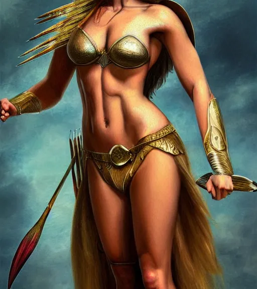 Image similar to drawing of the beautiful greek goddess aphrodite, arrow warrior, fantasy art, hyper realistic, amazing detail, in the style of robert rutkowski