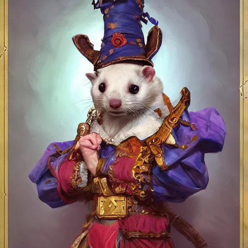 Image similar to a ferret dressed as a jester, d & d, fantasy, intricate, elegant, highly detailed, digital painting, artstation, concept art, matte, sharp focus, illustration, hearthstone, art by artgerm and greg rutkowski and alphonse mucha
