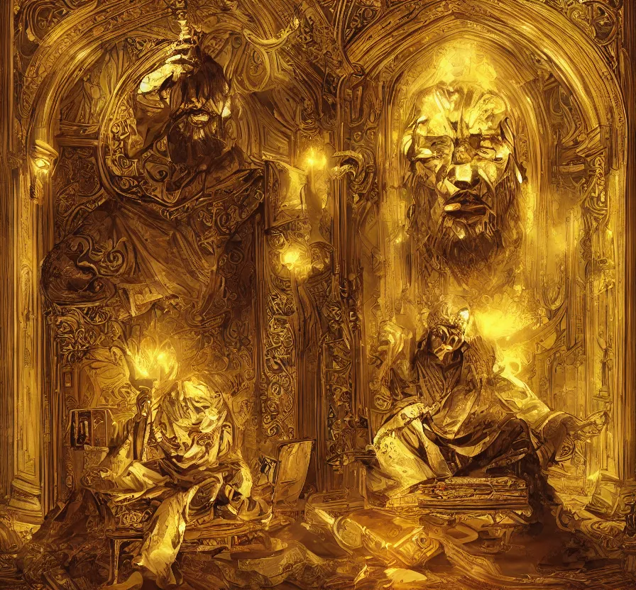 Prompt: sitting aristocratic man in public library with golden demonic mask, acrilic paint, digital, artstation, detailed, intricate, ink, illustration, heavenly atmosphere