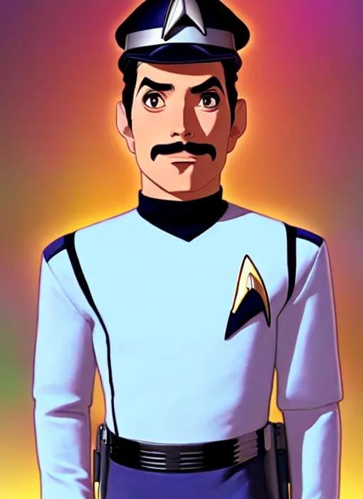 Image similar to cute star trek officer borat, natural lighting, path traced, highly detailed, high quality, digital painting, by don bluth and ross tran and studio ghibli and alphonse mucha, artgerm