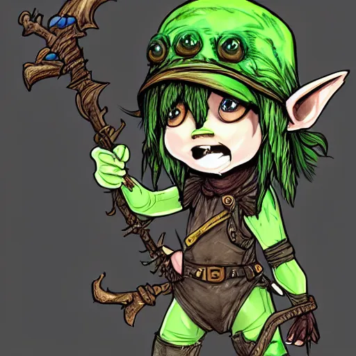 Image similar to cute tiny goblin girl with green skin wearing hunter armor from Bloodborne and a wizard hat, d&d, art by Shadbase