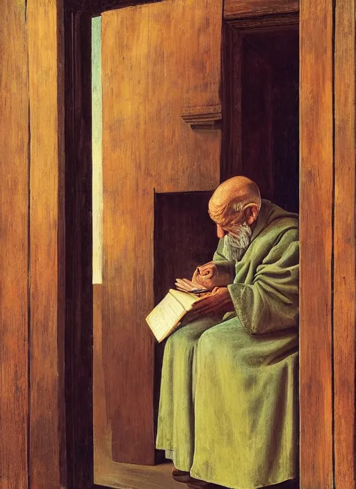 Image similar to a realistic old man in robes holding a book standing in front of an elaborate ancient wooden door, beautiful colourful fantasy rendering, Agnolo Bronzino, Simon Stälenhag, N.C. Wyeth