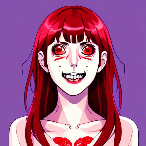 Image similar to beautiful anime vampire girl Alison Brie sharp teeth, red glowing hair, smiling, symmetrical face symmetrical eyes, blurry background, Jamie McKelvie comic art, Alexandra Fomina artstation, face by Ilya Kushinov style, style by Loish, Norman Rockwell, painterly style, flat illustration