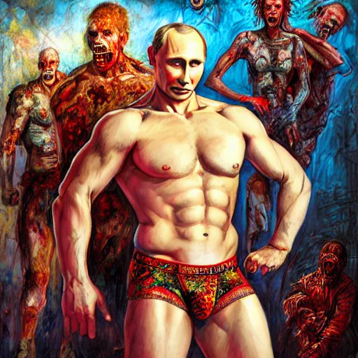 Prompt: portrait of ( ( ( vladimir putin ) ) ) in underwear in apocalyptic russia ( with his zombie army ), hyperrealistic, digital concept art, sharp focus, caricature illustration,, art by josephine wall, art by huang guangjian, art by viktoria gavrilenko, art by amanda sage, art by greg rutkowski trending on artstation