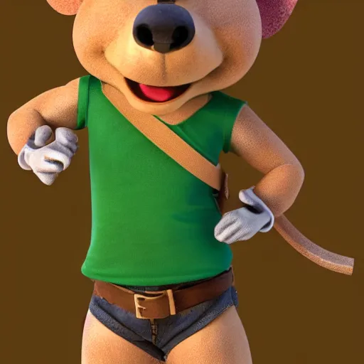 Image similar to 3 d render, portrait, upper body shot, mid shot, anthropomorphic mouse, female, wearing denim short shorts and a off yellow tank top shirt, in the style of disney's robin hood