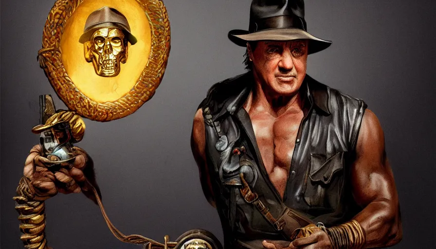 Image similar to sylvester stallone as indiana jones holding a whip in left hand and holding a golden mayan skull in the right hand, grey background, hyperdetailed, artstation, cgsociety, 8 k