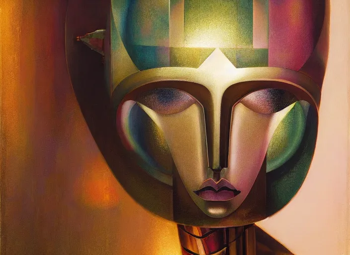 Image similar to asymmetrical portrait headshot of sci fi metallic human, bright eyes, melancholic complex geometric figure liminal biomechanical by oskar schlemmer, moebius, john berkey, film grain, oil on canvas, portrait facial head, featured on artstation, hd wallpaper, 8 k, bright colors, global radiant light