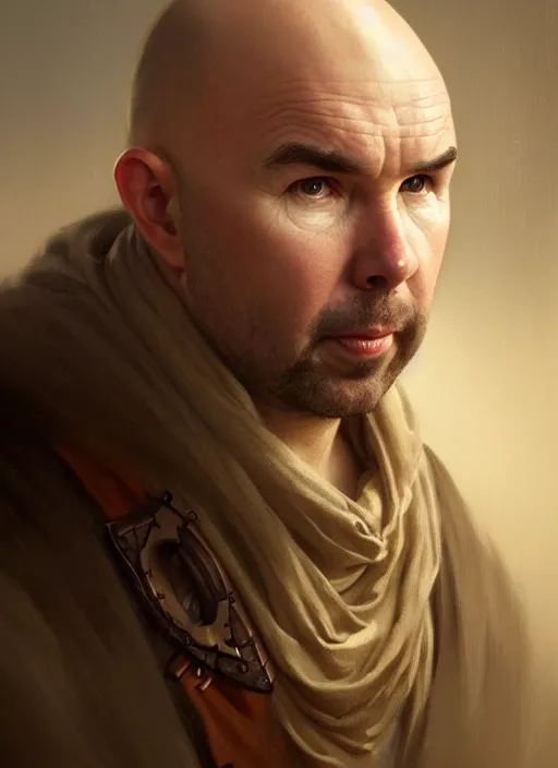 Image similar to portrait of karl pilkington, d & d, fantasy, intricate, elegant, highly detailed, digital painting, artstation, concept art, smooth, sharp focus, illustration, art by artgerm and greg rutkowski and alphonse mucha