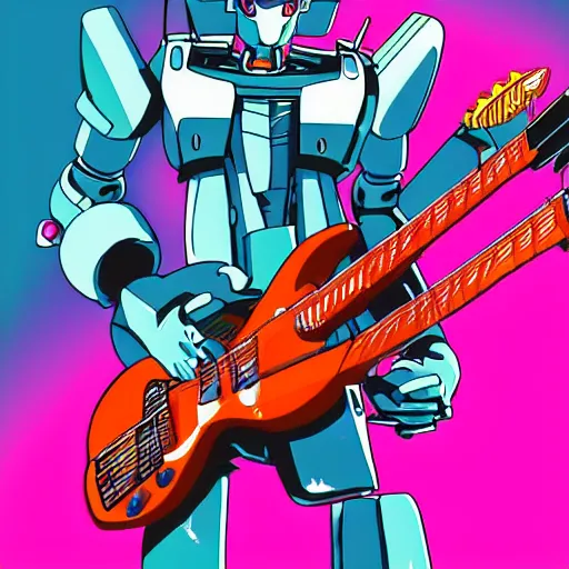 Image similar to A cell animation of a robot shredding a guitar solo in a futuristic city street, macross, gundam, ghibli style, illustration, anime, trending on artstaion