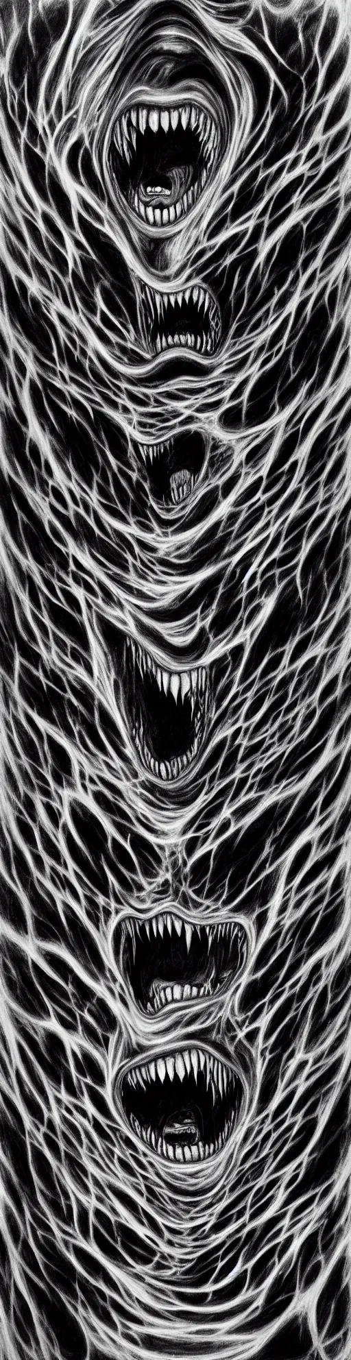 Prompt: black and white outline painting of man screaming with fear, another man coming out of his mouth, recursive, fractal, creepy, Giger, Escher, Mandelbrot, perfect face, realistic, hyper detailed