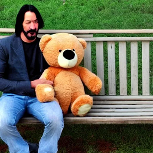 Prompt: sad keanu sitting on bench with huge stuffed teddybear