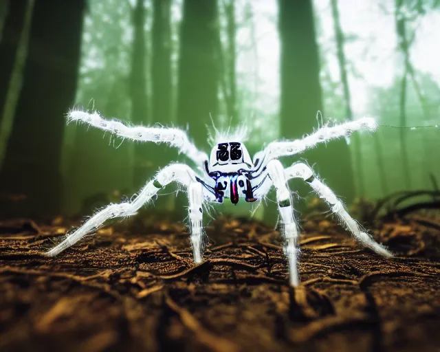 Image similar to photo of a white cyborg spider with biomechanical body and borg enhancements and optical fibers in the forest. cyberpunk horror style. highly detailed 8 k. intricate. nikon d 8 5 0 5 5 mm. award winning photography.