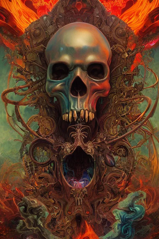 Image similar to gigantic psychedelic demonic cosmic skull of death and fire, fantasy painting, ultra realistic, wide angle, art nouveau, intricate details, digital painting, rainbowshift, vivid colors, highly detailed by peter mohrbacher, h. r. giger, maxfield parrish, craig mullins, octane render, cgi