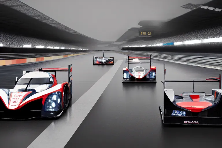 Image similar to Honda Civic LMP2 car racing on dimly lit track overcast skies raining headlights illuminating the track cinematic digital painting vray