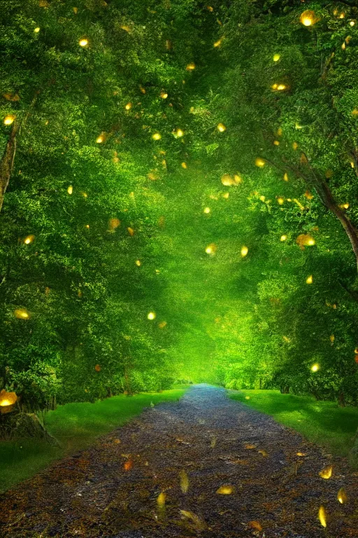 Image similar to a beautiful digital glossy clear sharp of a detailed summer day fantasy fireflies forest trees roots lanterns iron gate cobblestone pathway vines james gurney, 8 k resolution trending on artstation