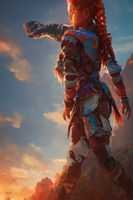 Image similar to combination suit armor aloy horizon forbidden west horizon zero dawn radiating a glowing aura global illumination ray tracing hdr fanart arstation by ian pesty and alena aenami artworks in 4 k tribal robot ninja mask helmet backpack