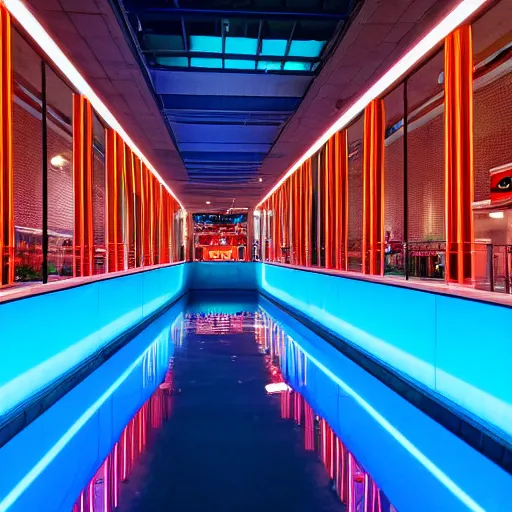 Prompt: A vast 80s shopping mall interior with an enormous water feature, water fountain, water falls, photo taken at night, neon pillars, large crowd, red brick