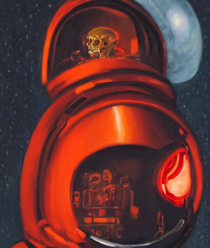 Image similar to a portrait of an astronaut with a skull head, cinematic and highly detailed oil painting by edward hopper, oil painting masterpiece, symmetry, mysterious, very aesthetic, cinematic and dramatic red light, 4 k,