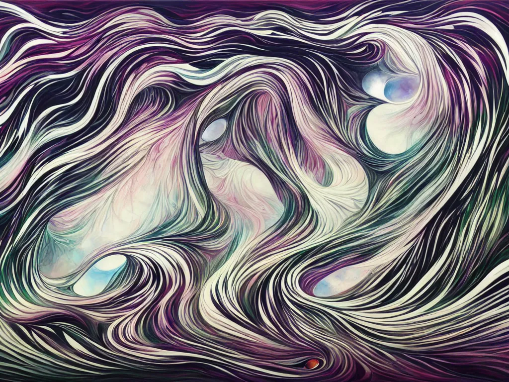 Prompt: a collision of exploding black hearts and white hearts in abstract form of an endless lonely long and winding path through a fantasy forested mountains and lakes landscape, vivid vibrant geometric art nouveau. trending on pixiv and artstation. an absurdly detailed oil painting