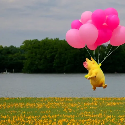 Image similar to a yellow pig flying while wearing a pink skirt