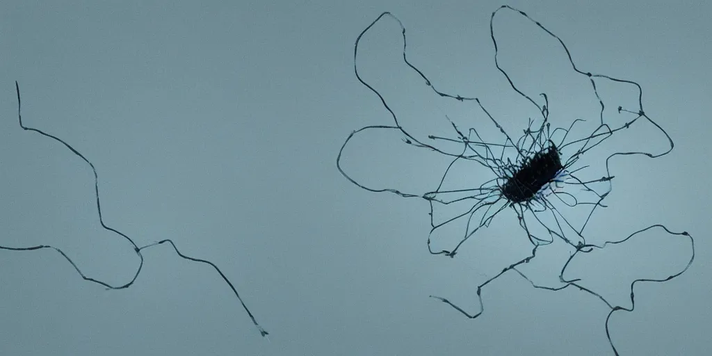 Prompt: an airborne virus made out of metal nano wires and organic plastic parts. shot by stanley kubrick, 4 k