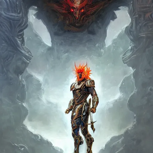 Image similar to A Demon Clad in Gladiator Armor with a firey halo, detailed, centered, digital painting, artstation, concept art, donato giancola, Joseph Christian Leyendecker, WLOP, Boris Vallejo, Breathtaking, 8k resolution, extremely detailed, beautiful, establishing shot, artistic, hyperrealistic, beautiful face, octane render, cinematic lighting, dramatic lighting, masterpiece