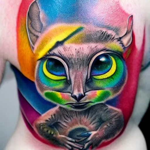 Prompt: shoulder tattoo of a multicolored trippy bushbaby with rainbow colored spiral eyes, a furry tail in rainbow colors, surrounded with a ring of colorful mushrooms, insanely integrate