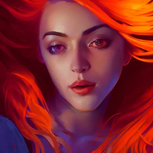 Image similar to portrait of beautiful woman with flaming orange hair, maya ali mage, gloomhaven, dynamic lighting, gaudy colors, octane render aesthetic, matte painting concept art, official fanart behance hd artstation by jesper ejsing, by rhads and makoto shinkai and lois van baarle and ilya kuvshinov and rossdraws