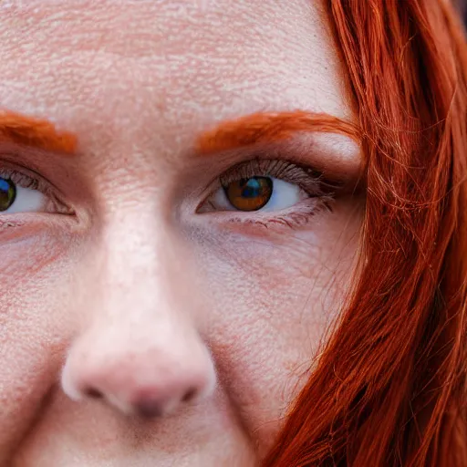 Prompt: close up photo of the left side of the face of a redhead woman who looks directly at the camera. Slightly open mouth. Whole head visible and covers half of the frame, with a park visible in the background. 135mm nikon. Intricate. Very detailed 8k. Sharp. Cinematic post-processing.