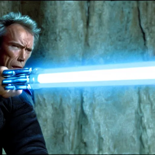 Image similar to clint eastwood holding blue lightsaber in star wars episode 3, 8k resolution, full HD, cinematic lighting, award winning, anatomically correct