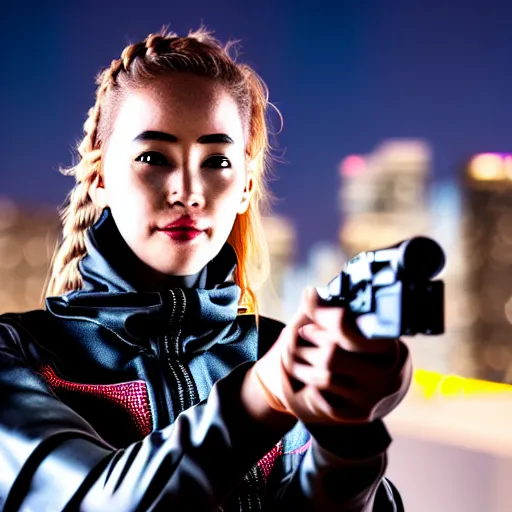 Image similar to photographic portrait of a techwear woman presenting a bullet, closeup, on the rooftop of a futuristic city at night, sigma 85mm f/1.4, 4k, depth of field, high resolution, full color, award winning photography